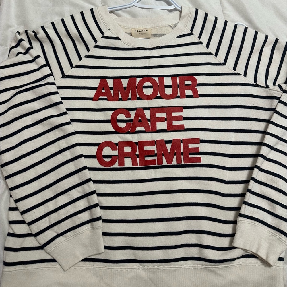 Sezane Black and Cream Striped Sweatshirt with Red Lettering